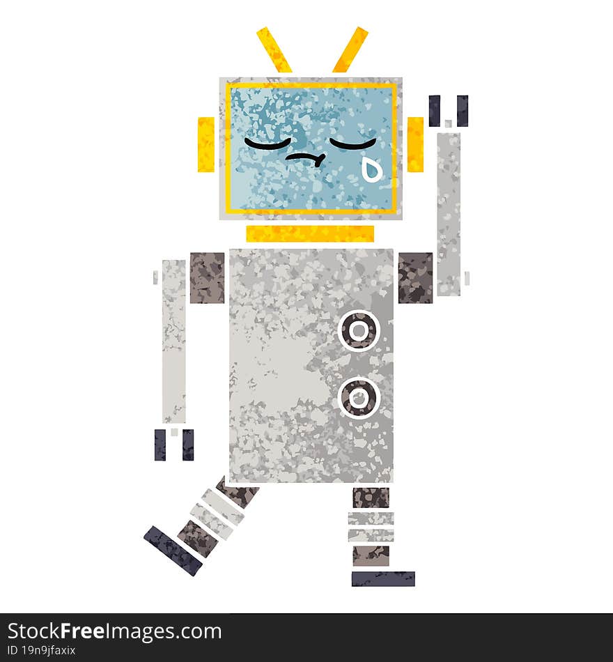 retro illustration style cartoon crying robot