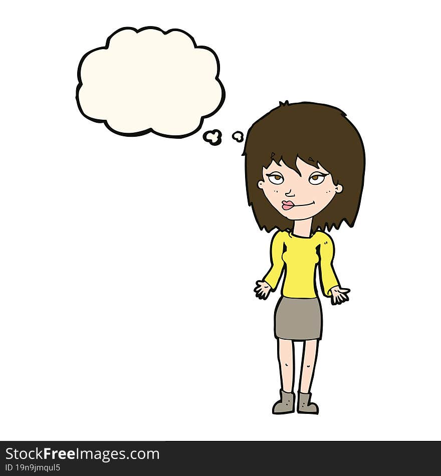 cartoon woman shrugging shoulders with thought bubble