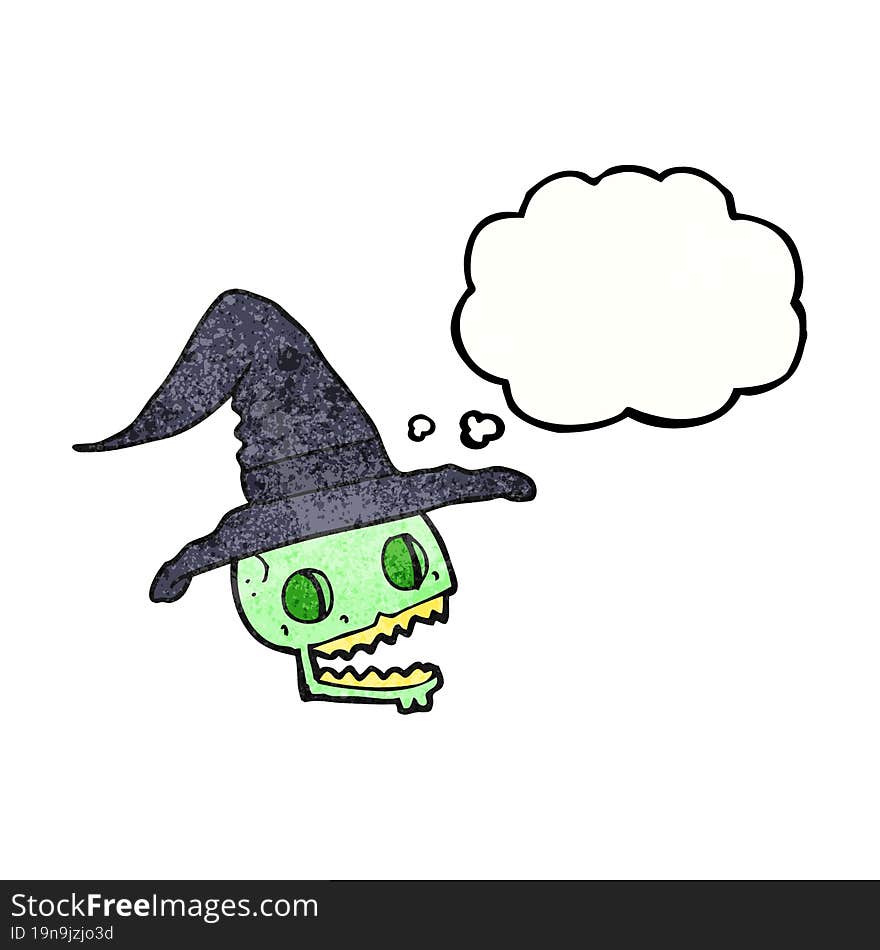 thought bubble textured cartoon skull wearing witch hat