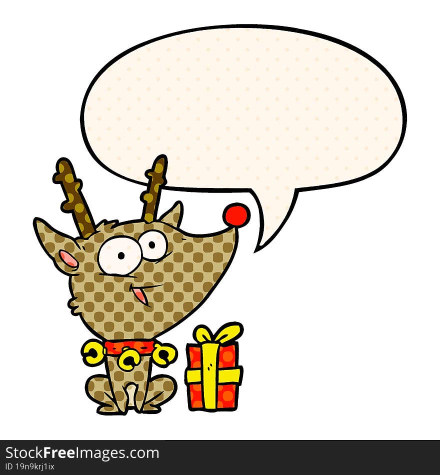 cartoon christmas reindeer with speech bubble in comic book style