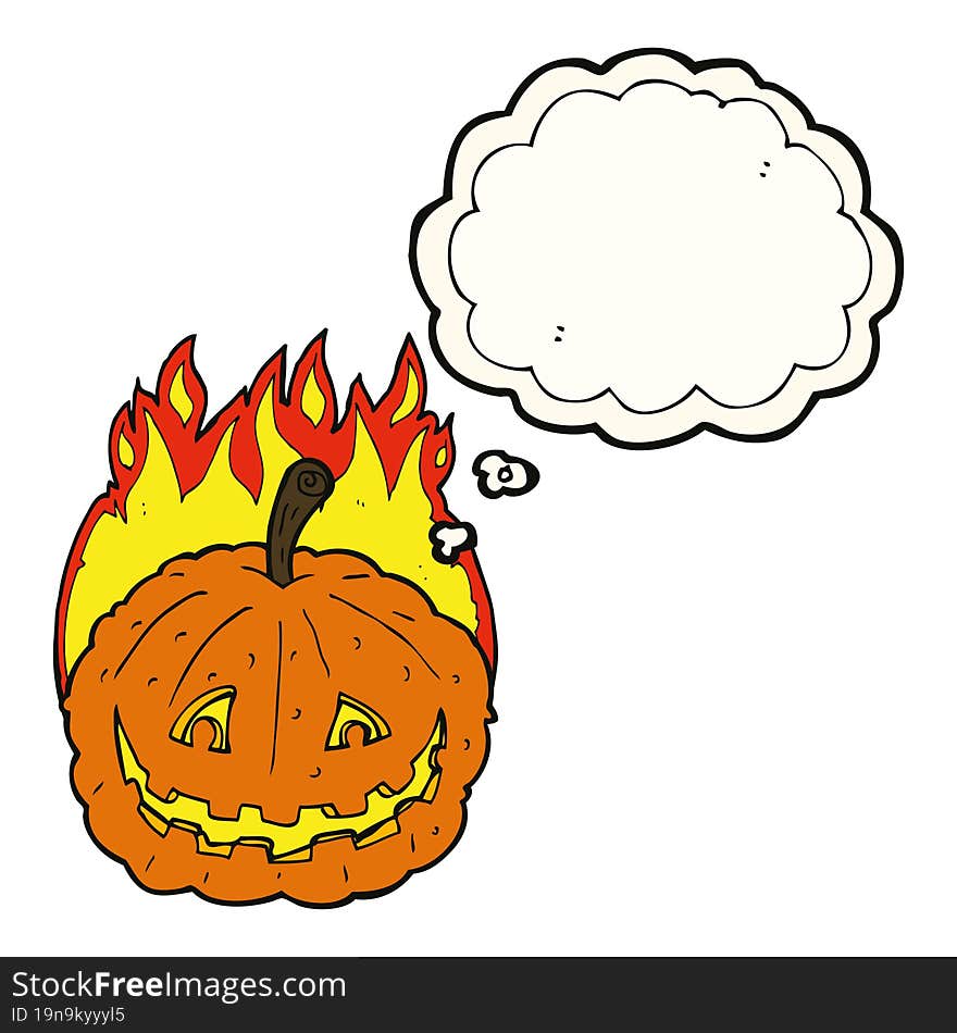 cartoon grinning pumpkin with thought bubble