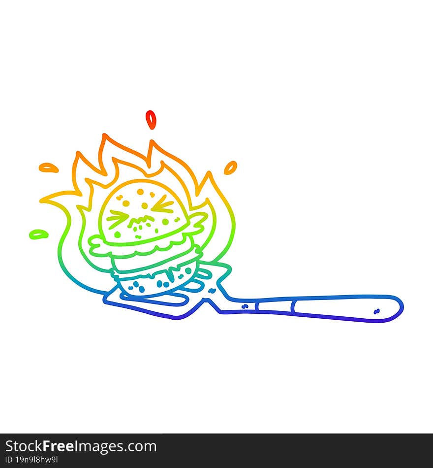 rainbow gradient line drawing cartoon burger on spatula