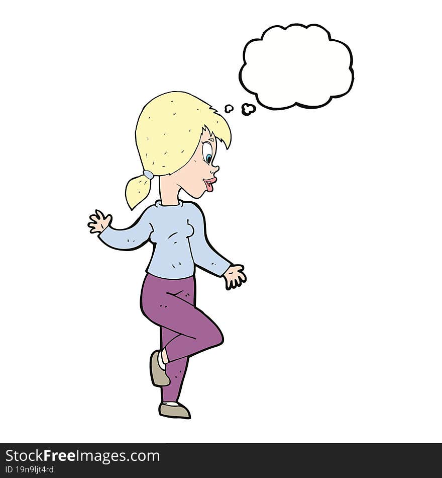 cartoon woman waving with thought bubble