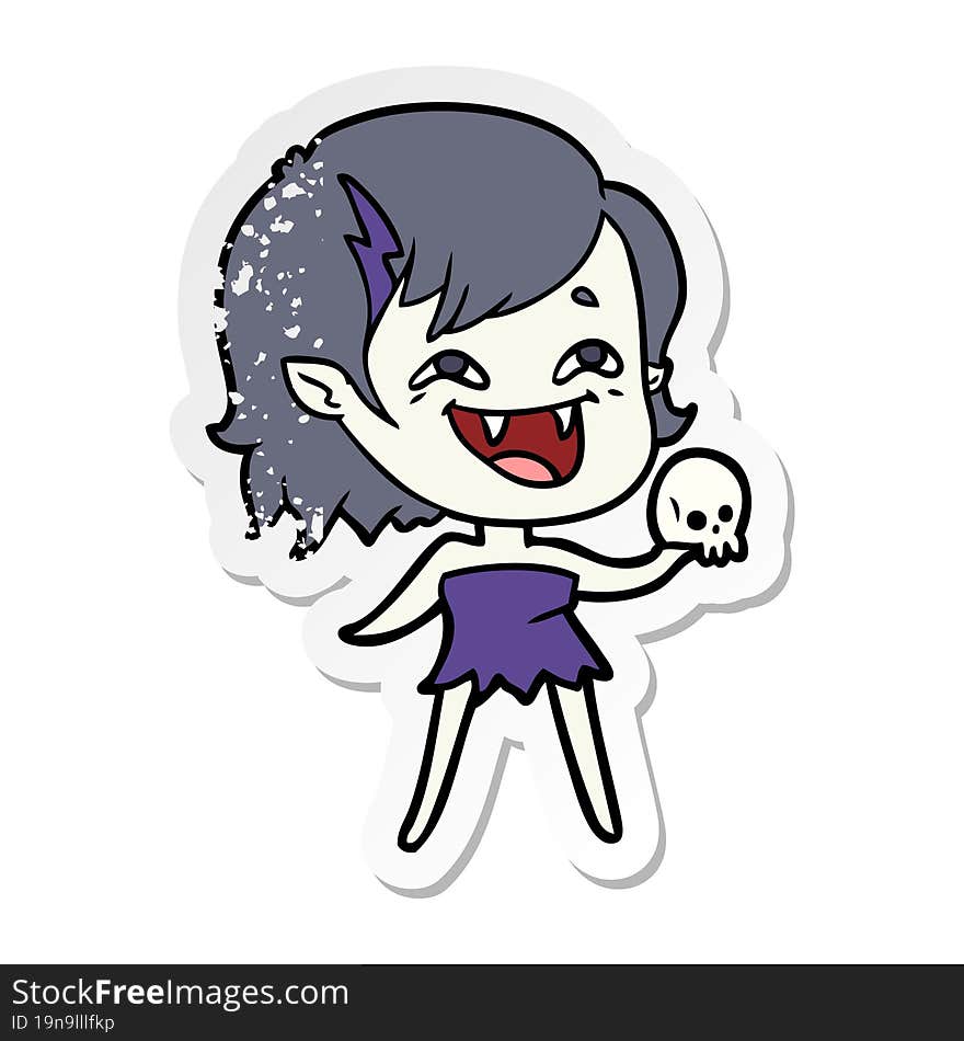 distressed sticker of a cartoon laughing vampire girl