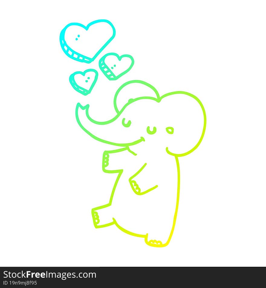 cold gradient line drawing of a cartoon elephant with love hearts