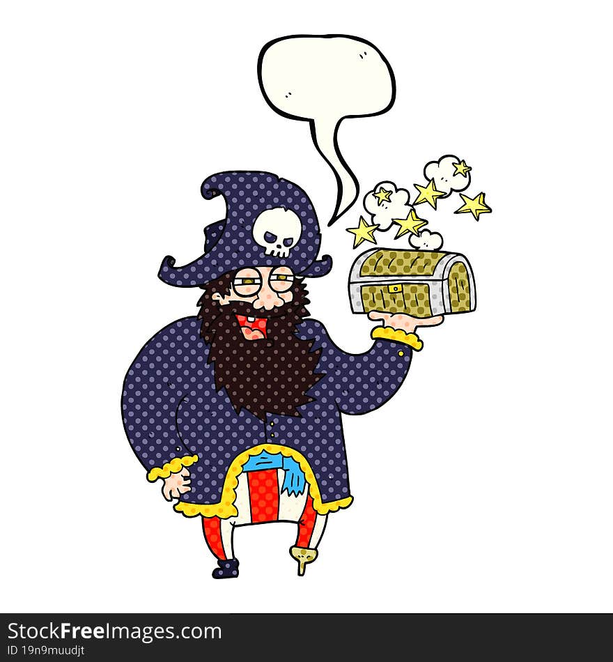 comic book speech bubble cartoon pirate captain with treasure chest