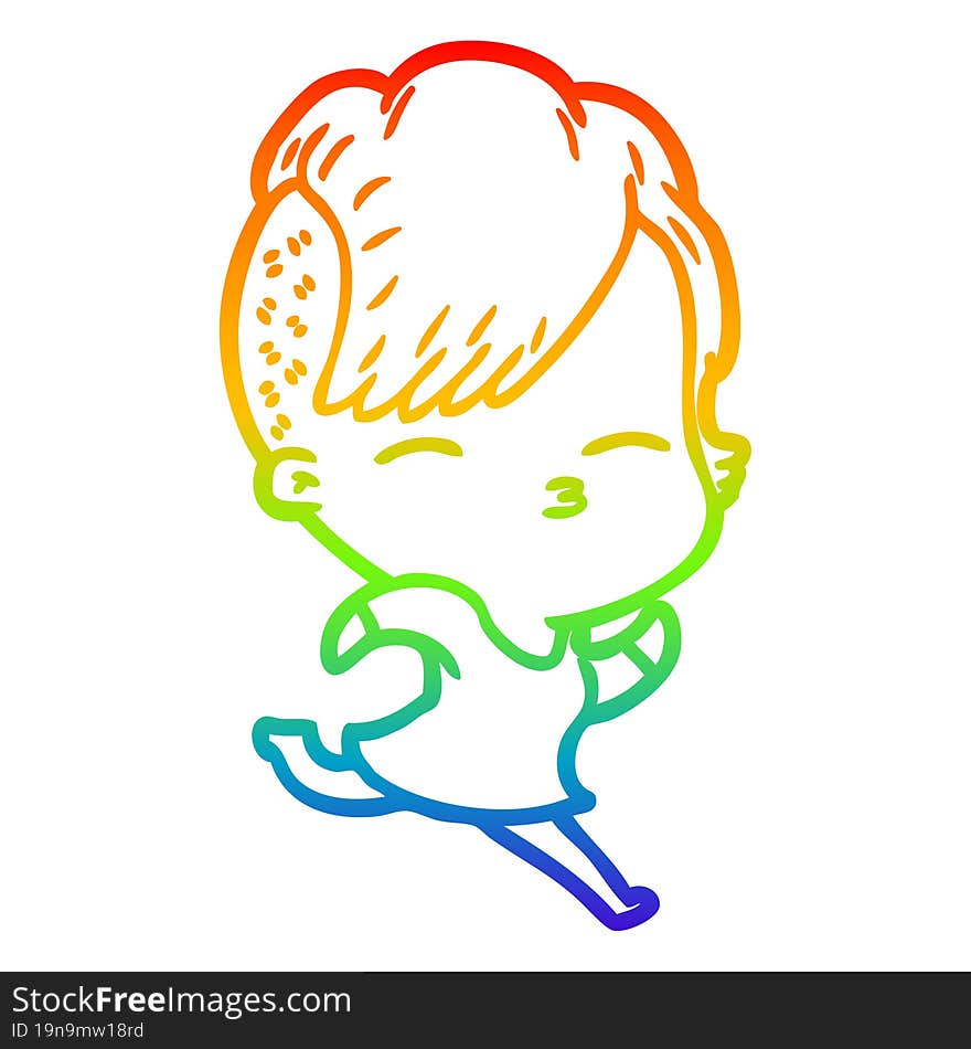 rainbow gradient line drawing cartoon squinting girl running