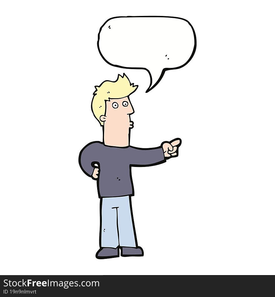 cartoon curious man pointing with speech bubble