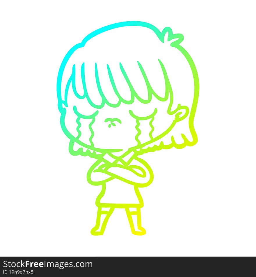 cold gradient line drawing of a cartoon woman crying