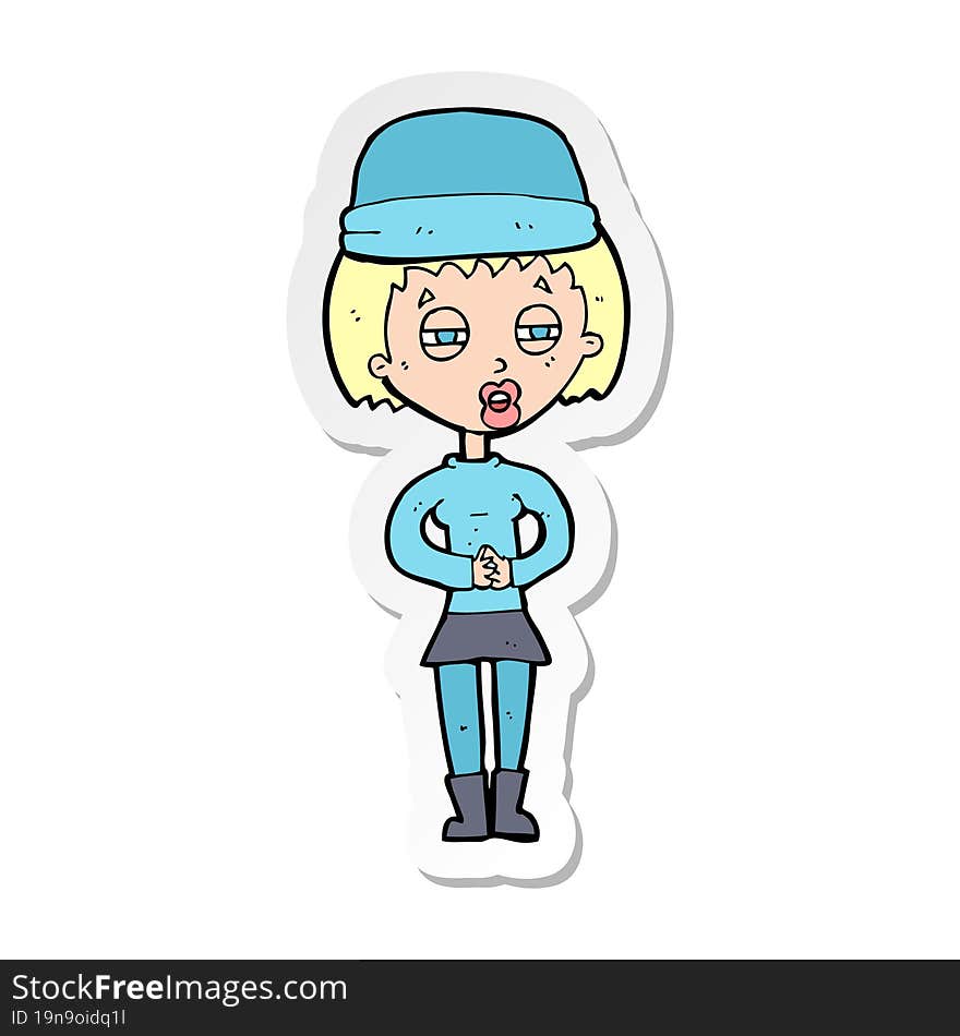 Sticker Of A Cartoon Woman Wearing Winter Hat