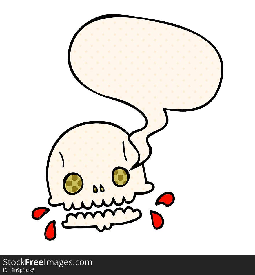 cartoon spooky skull and speech bubble in comic book style