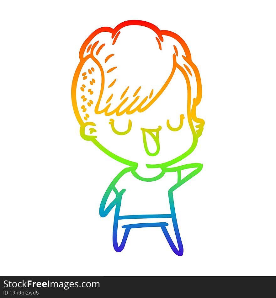 rainbow gradient line drawing of a cute cartoon girl with hipster haircut