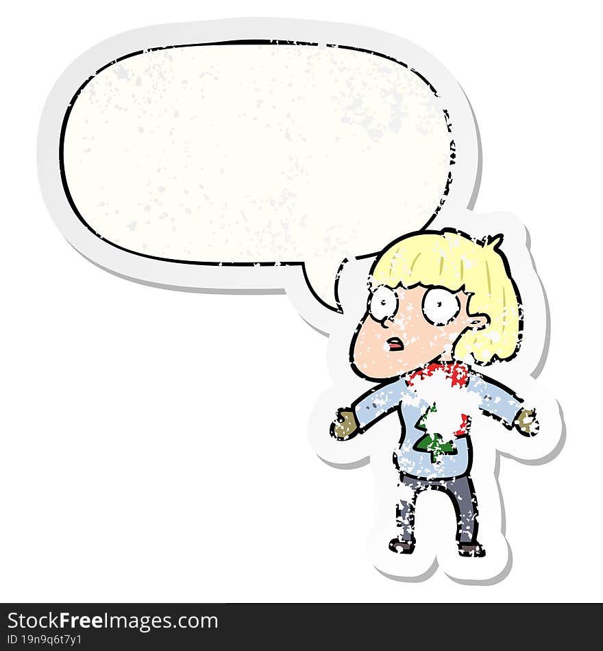 cartoon surprised christmas person and speech bubble distressed sticker