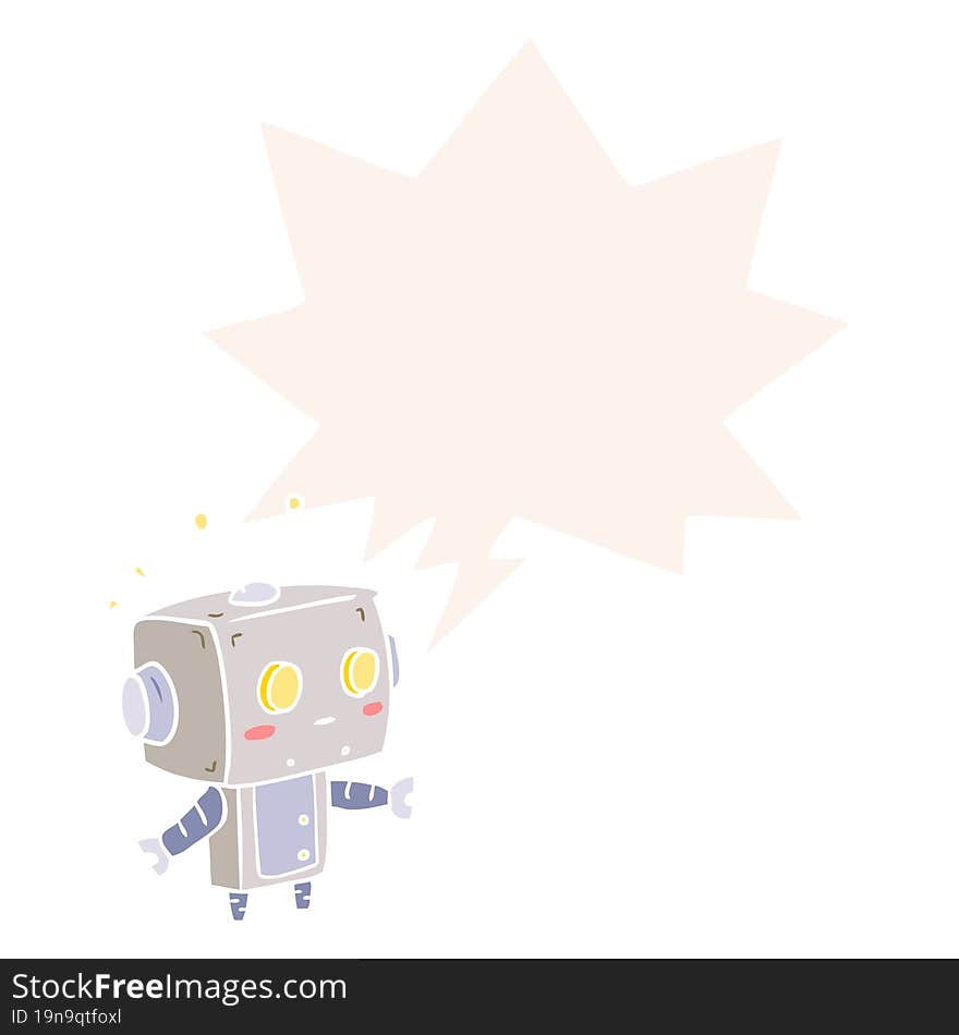 cute cartoon surprised robot and speech bubble in retro style