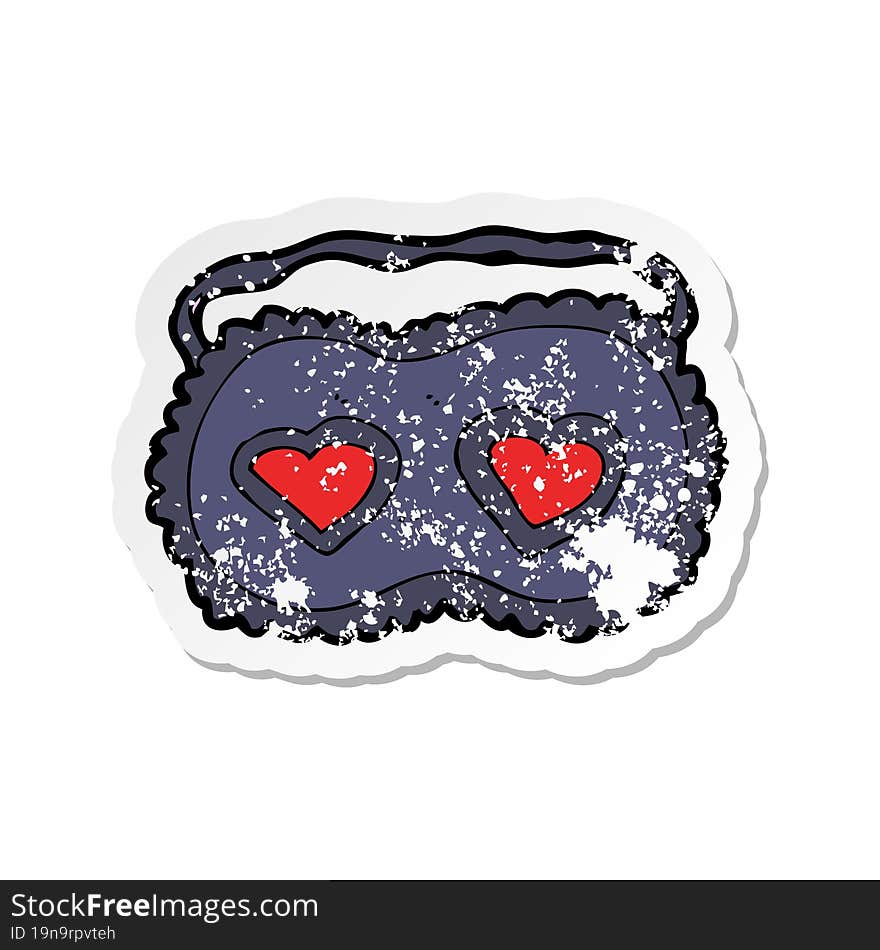 retro distressed sticker of a cartoon sleeping mask with love hearts