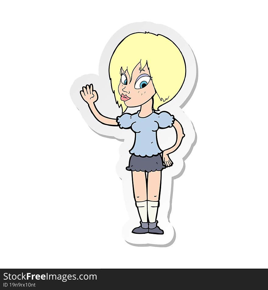 sticker of a cartoon pretty woman waving