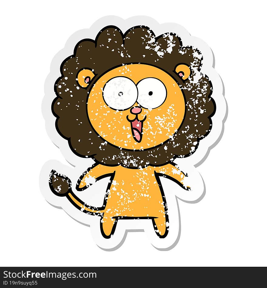 distressed sticker of a happy cartoon lion