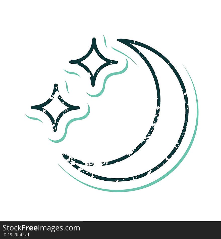 distressed sticker tattoo style icon of a moon and stars