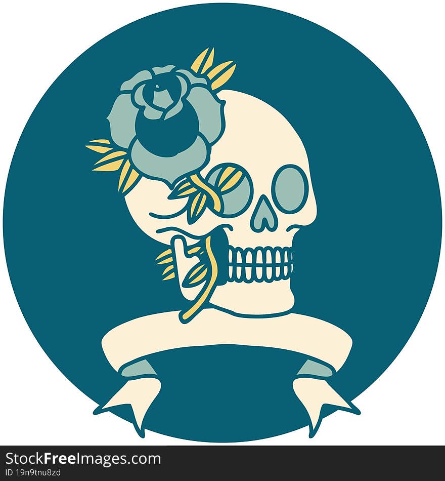 tattoo style icon with banner of a skull and rose