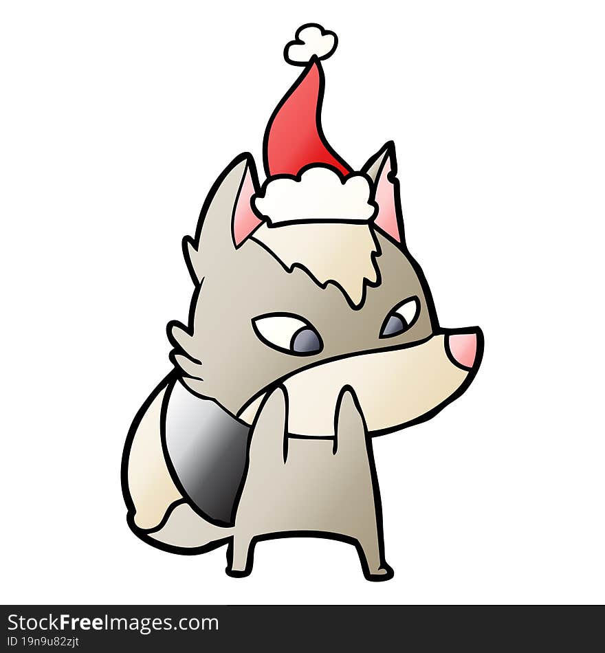 shy gradient cartoon of a wolf wearing santa hat