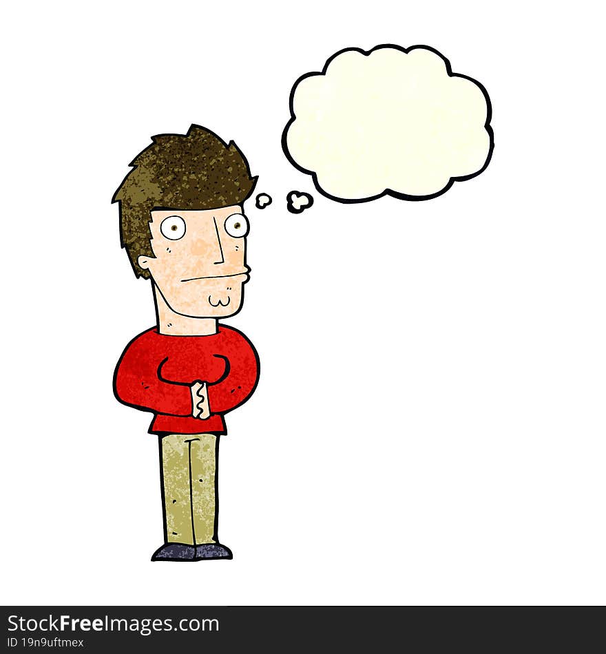 cartoon worried man with thought bubble