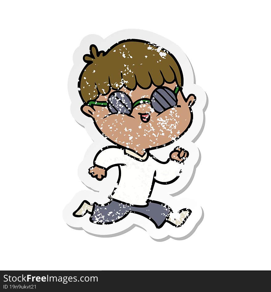 Distressed Sticker Of A Cartoon Boy Wearing Sunglasses And Running