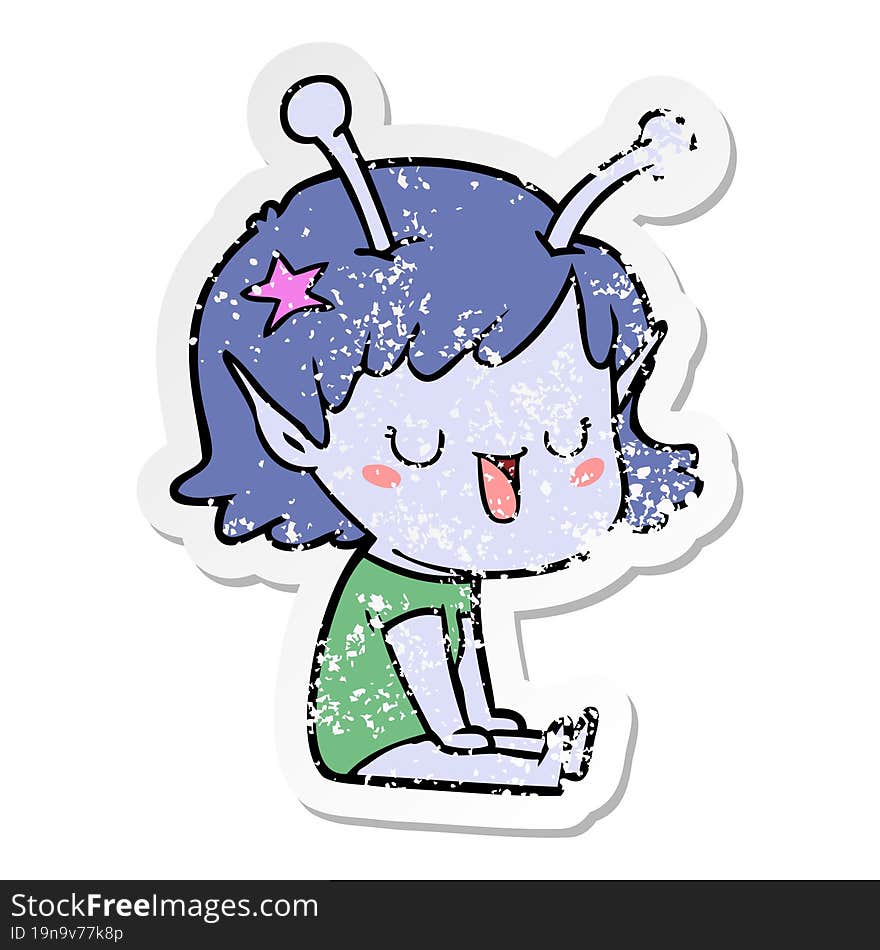 distressed sticker of a happy alien girl cartoon laughing