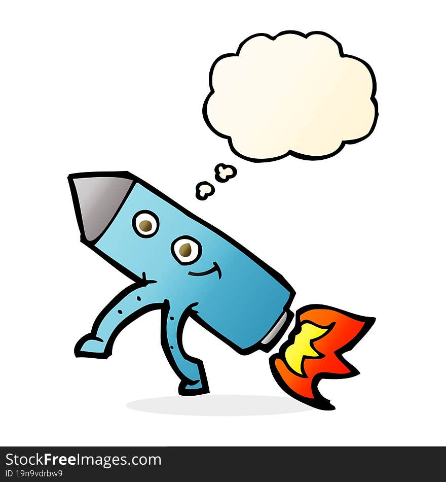 cartoon happy rocket with thought bubble