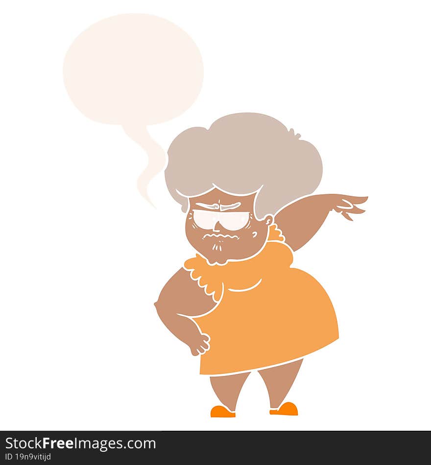 cartoon angry old woman and speech bubble in retro style