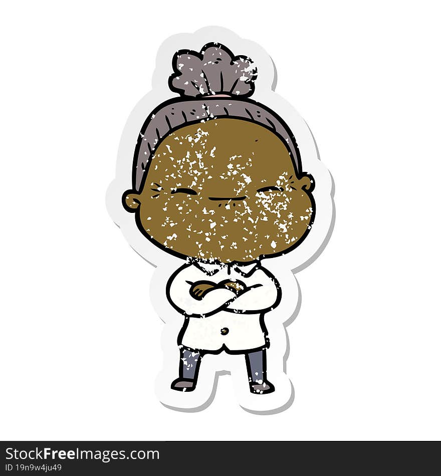 Distressed Sticker Of A Cartoon Peaceful Old Woman