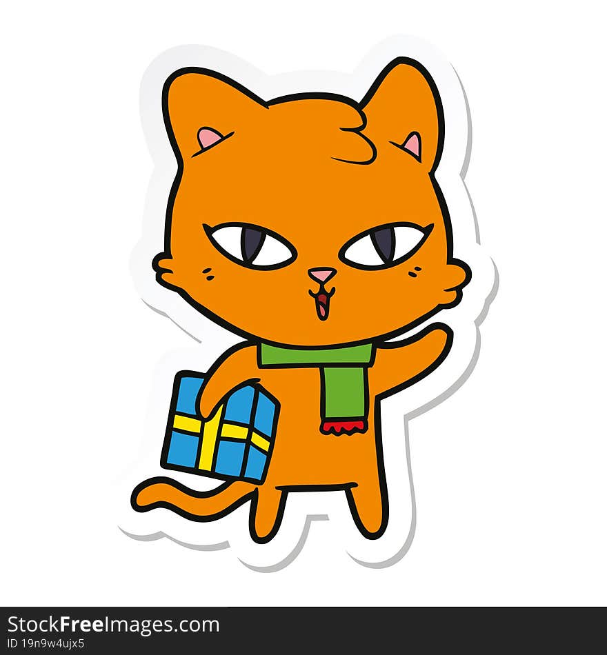 Sticker Of A Cartoon Cat With A Present