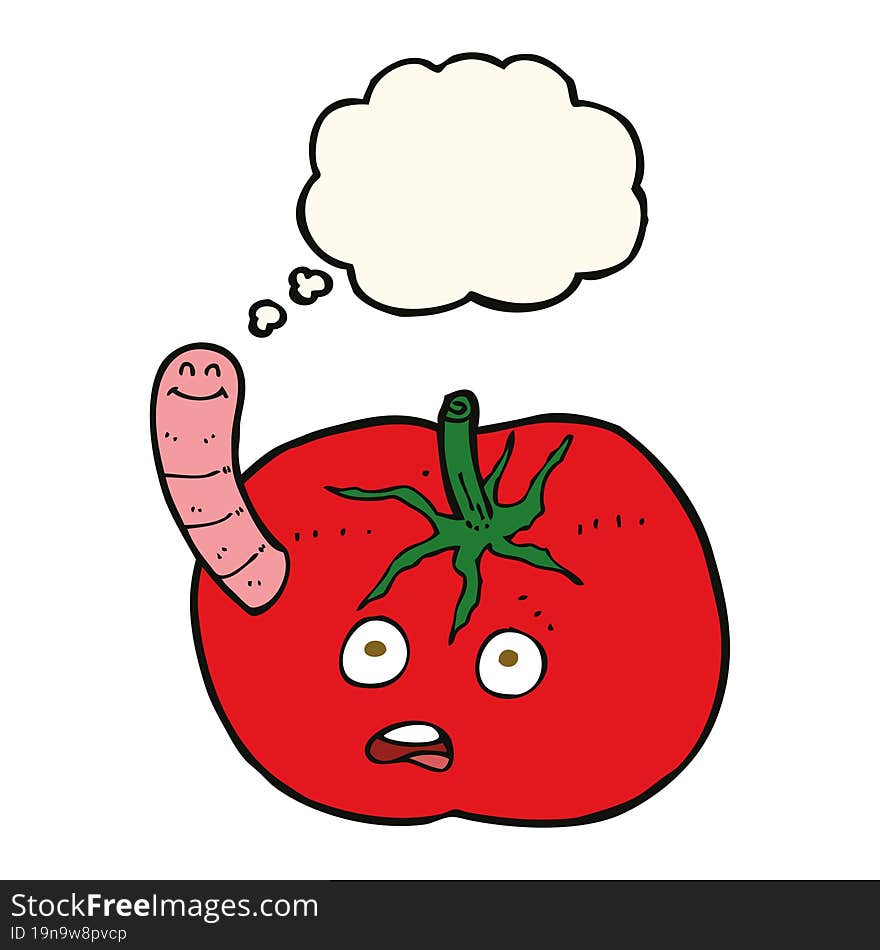 cartoon tomato with worm with thought bubble