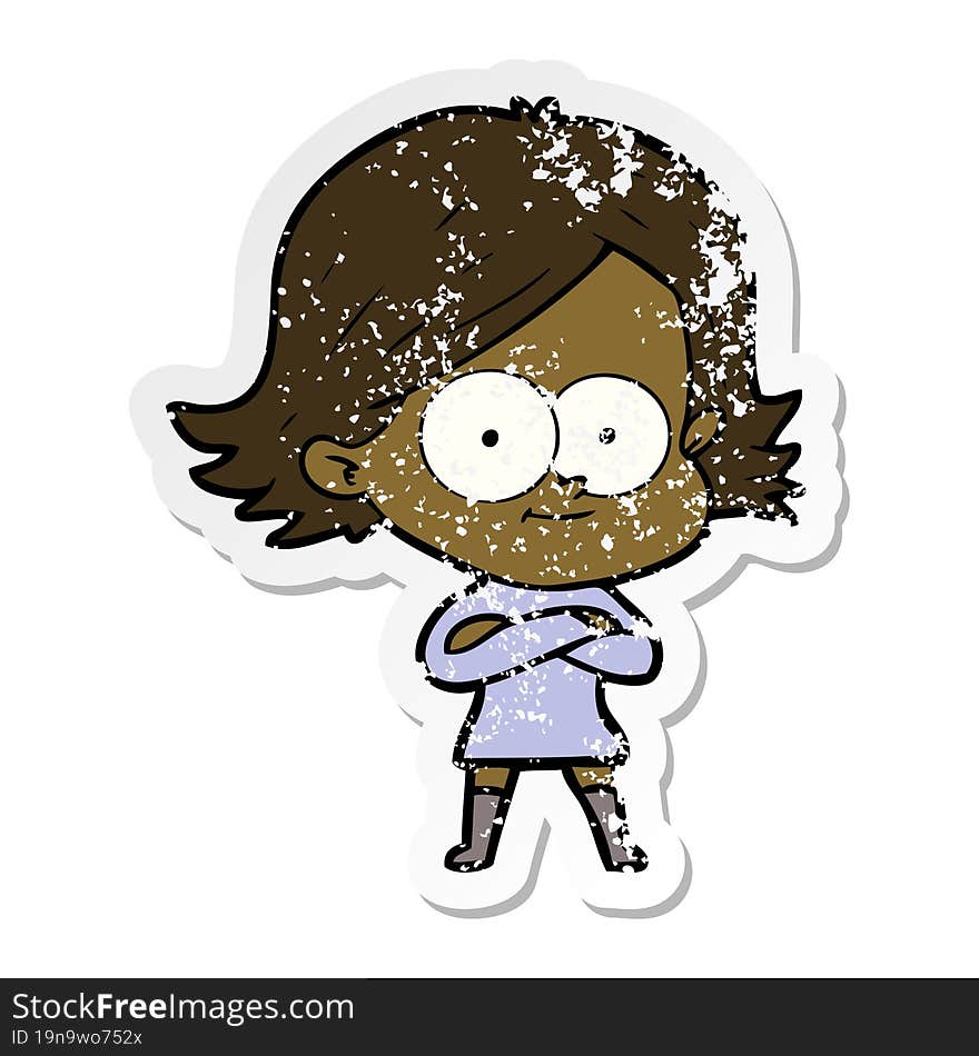 distressed sticker of a happy cartoon girl