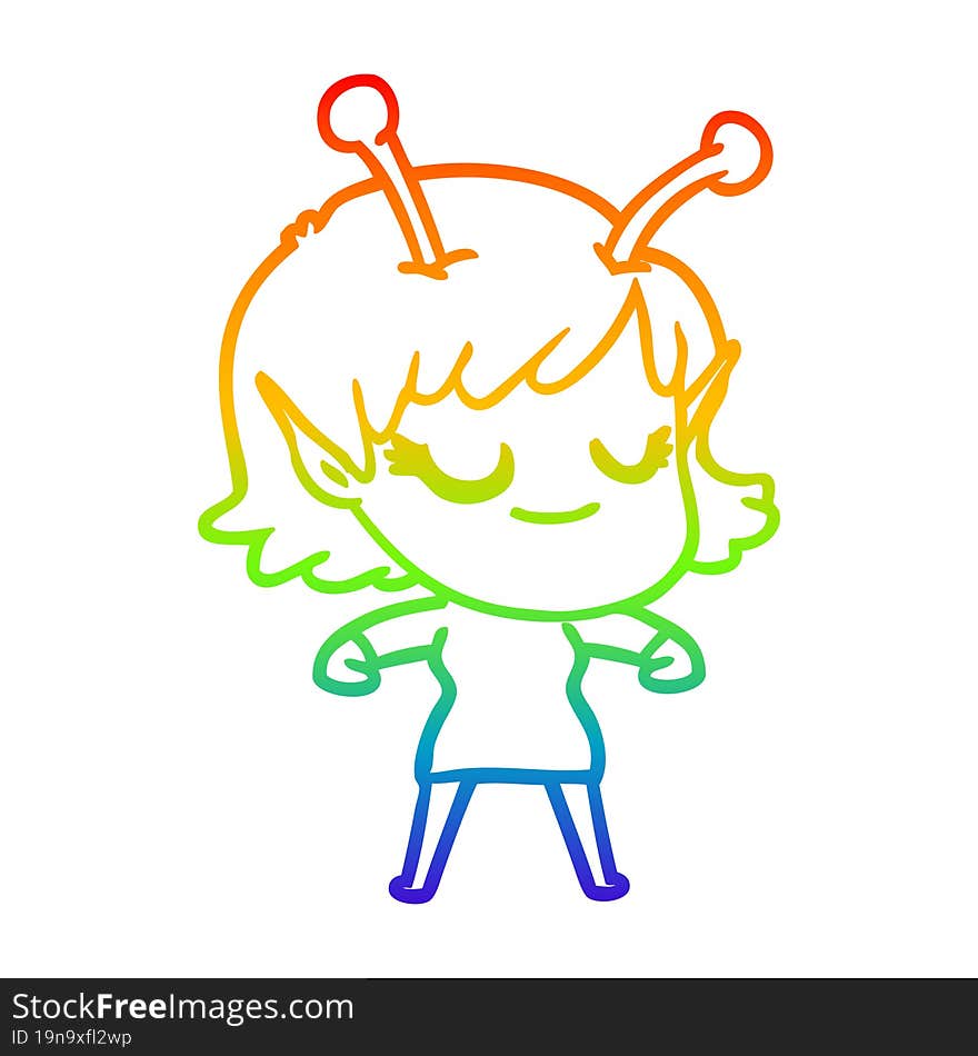 rainbow gradient line drawing smiling alien girl cartoon