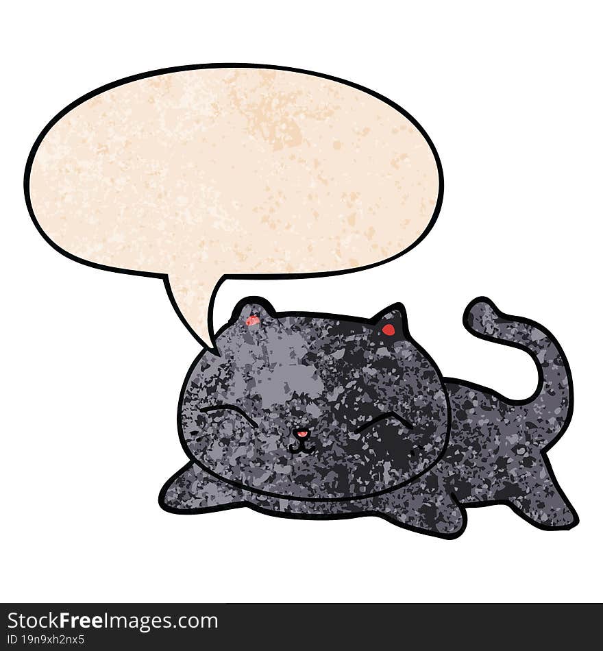 cartoon cat and speech bubble in retro texture style