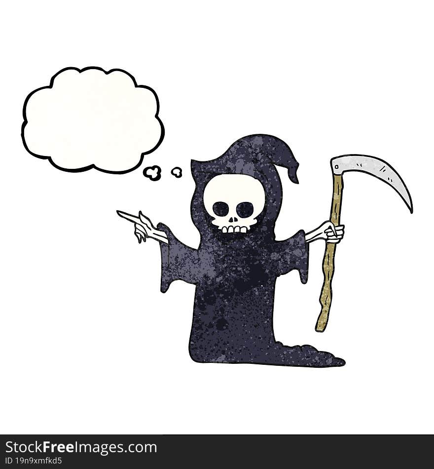 freehand drawn thought bubble textured cartoon death with scythe