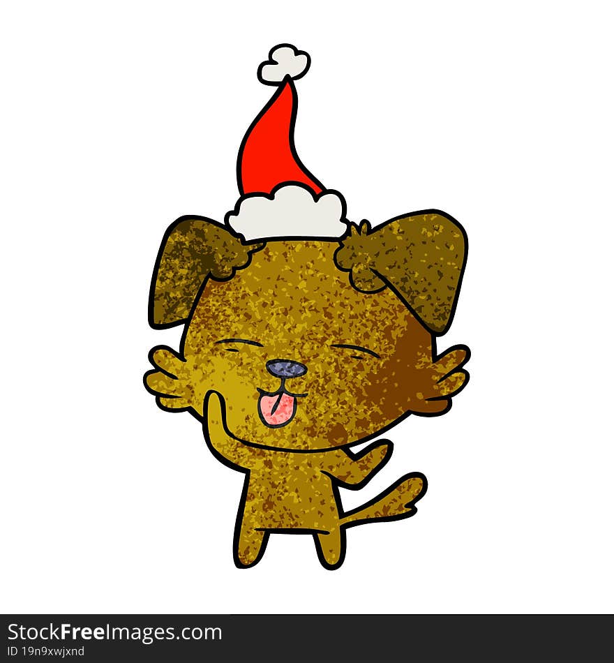 textured cartoon of a dog sticking out tongue wearing santa hat