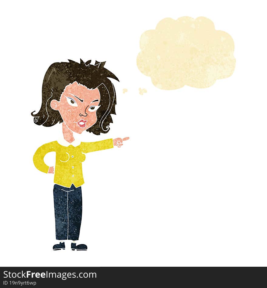 cartoon woman pointing with thought bubble