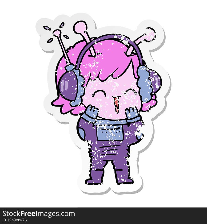 distressed sticker of a cartoon alien girl listening to music