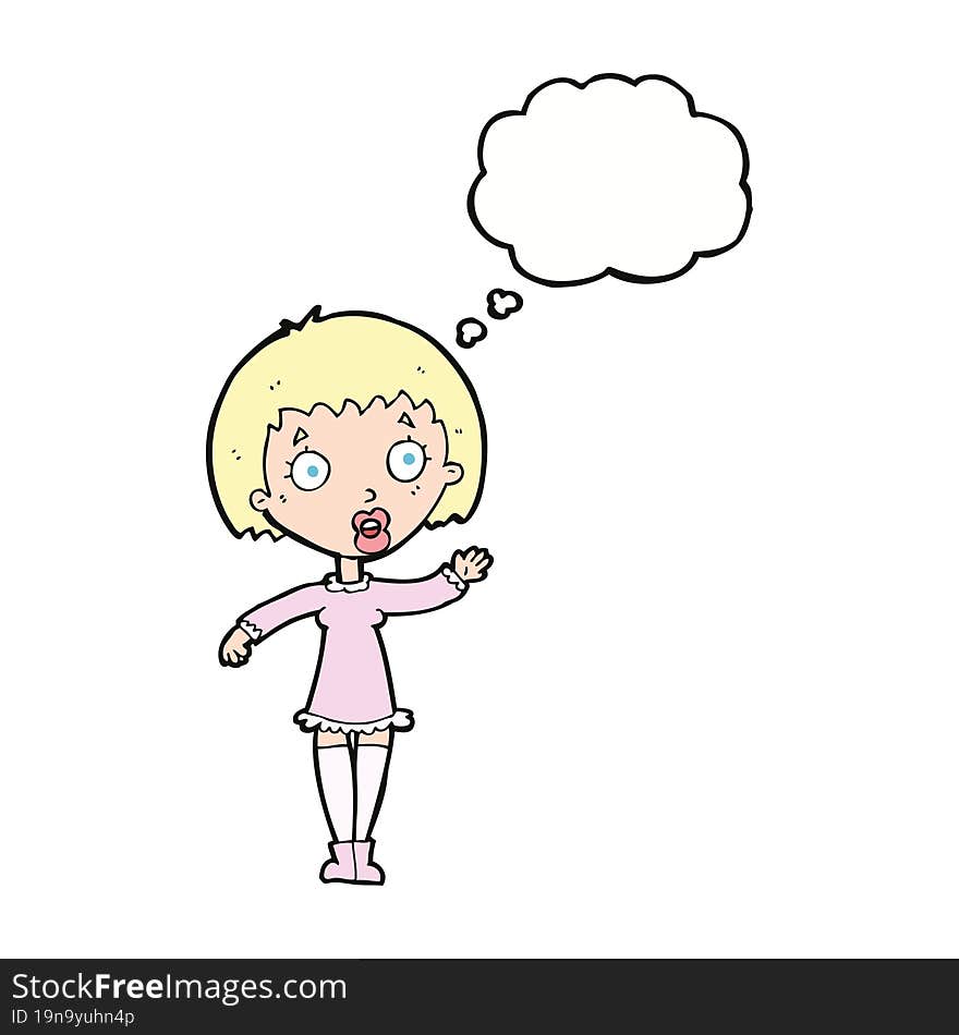 cartoon waving woman with thought bubble