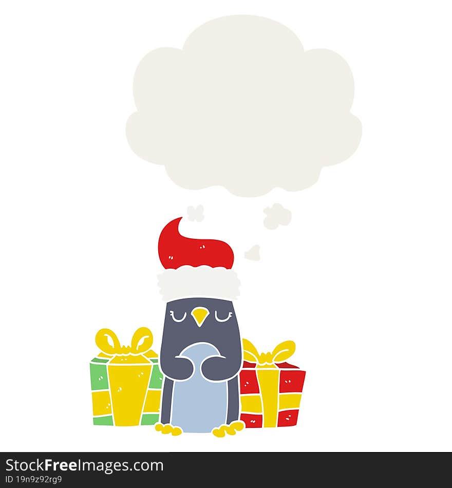 cute christmas penguin and thought bubble in retro style