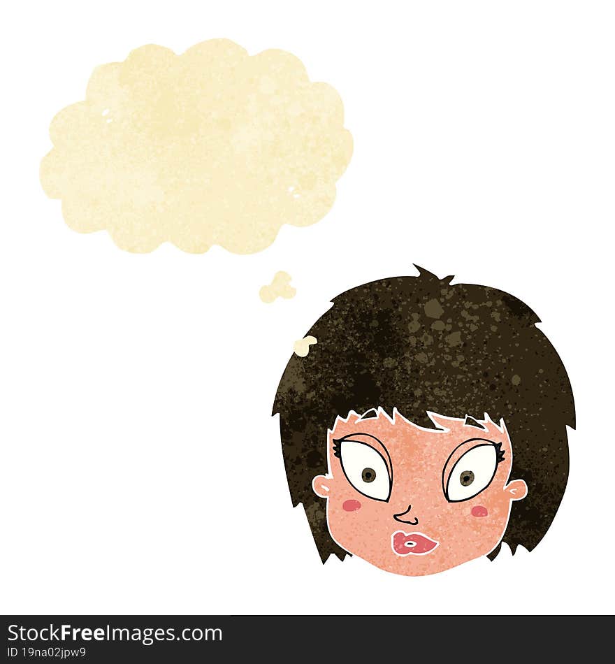 cartoon surprised female face with thought bubble