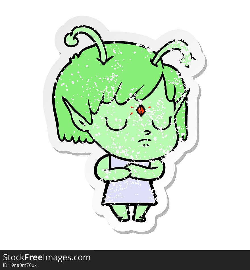 distressed sticker of a cartoon alien girl