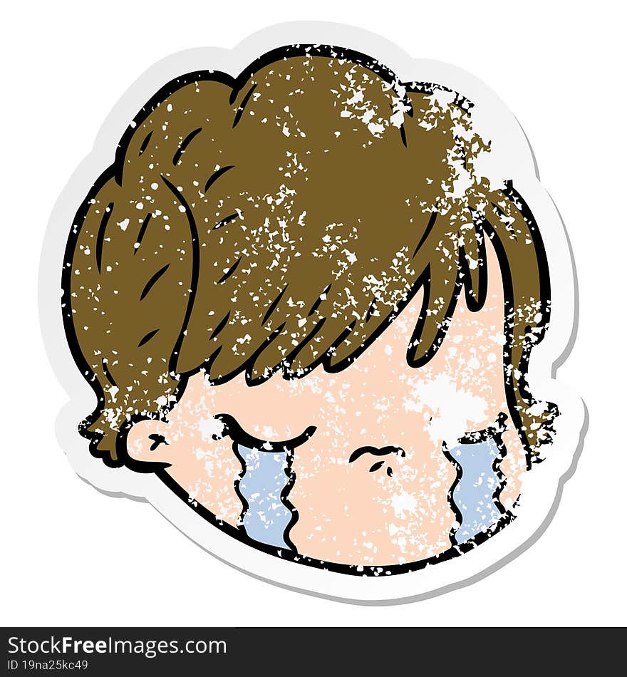 Distressed Sticker Of A Cartoon Female Face Crying