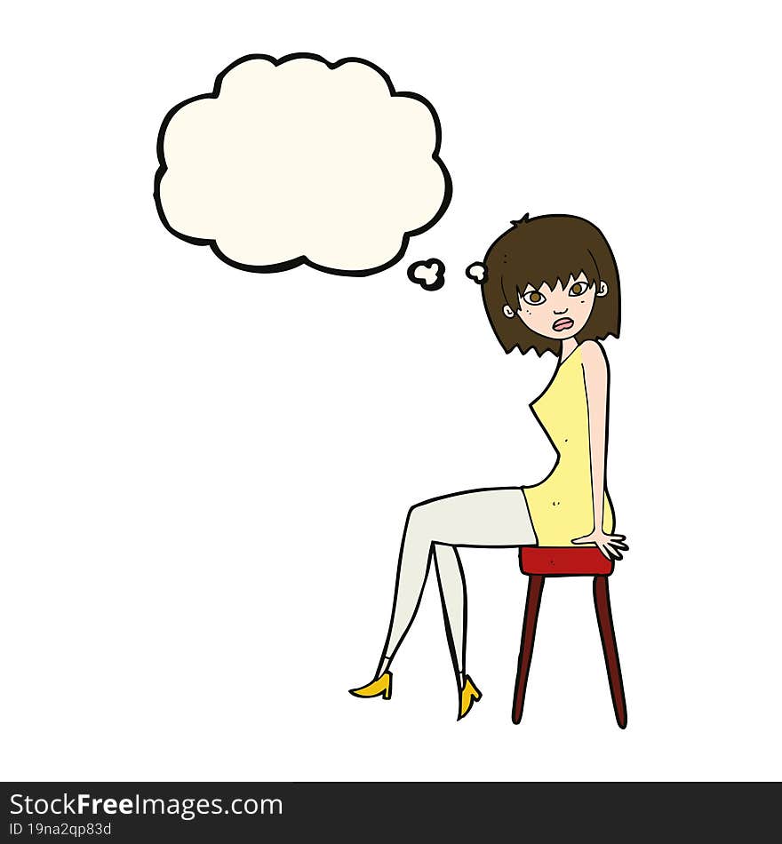 cartoon woman sitting on stool with thought bubble