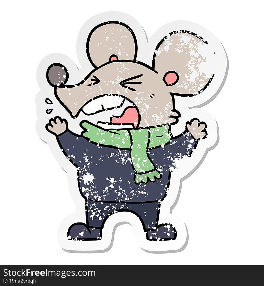 distressed sticker of a cartoon angry mouse