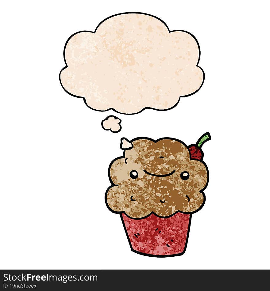 cartoon cupcake with thought bubble in grunge texture style. cartoon cupcake with thought bubble in grunge texture style