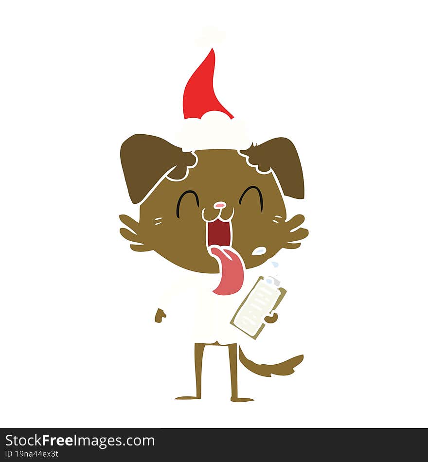 flat color illustration of a panting dog with clipboard wearing santa hat