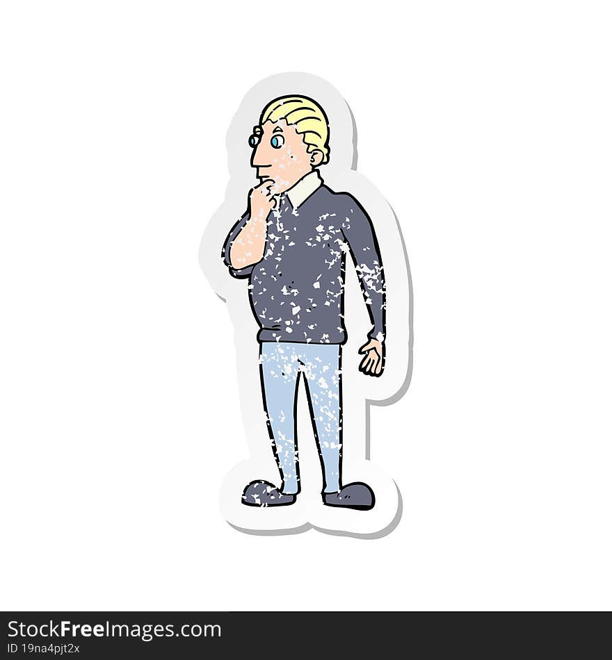 retro distressed sticker of a catoon curious man