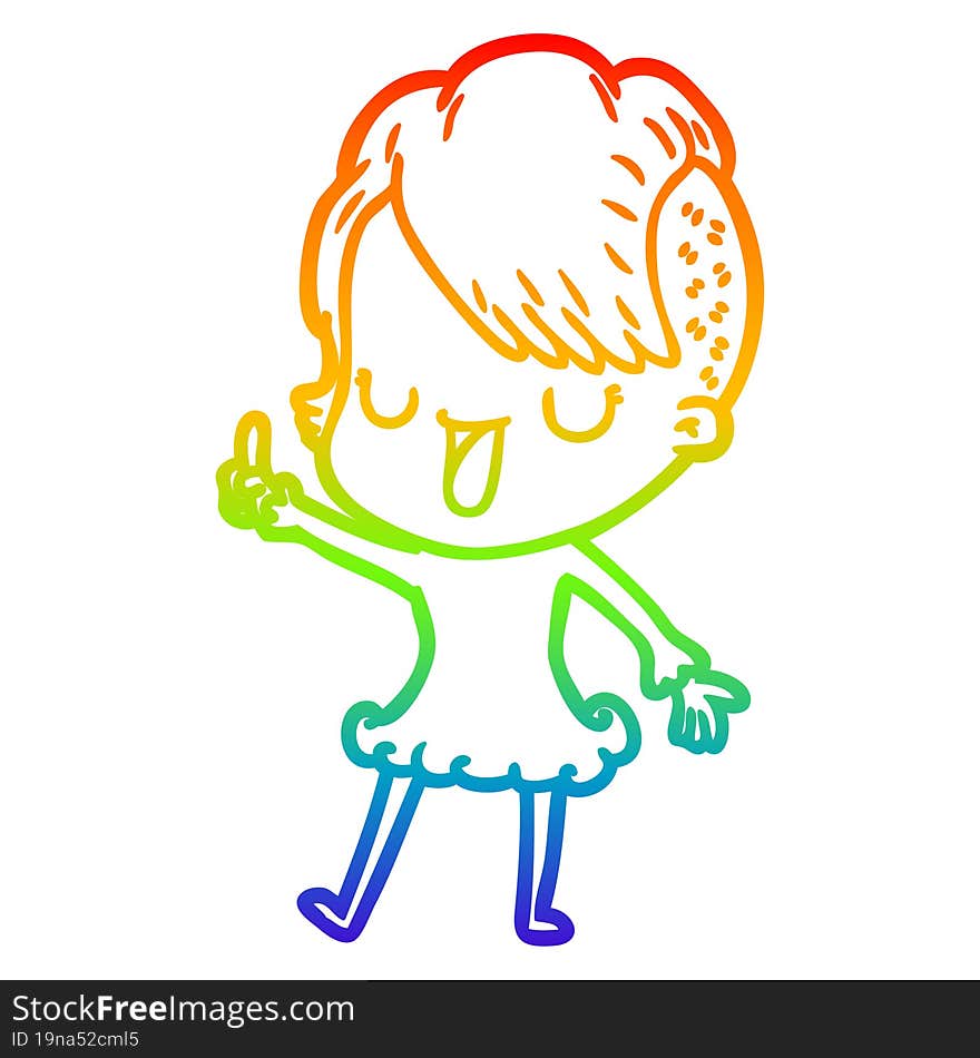 rainbow gradient line drawing of a cute cartoon girl with hipster haircut